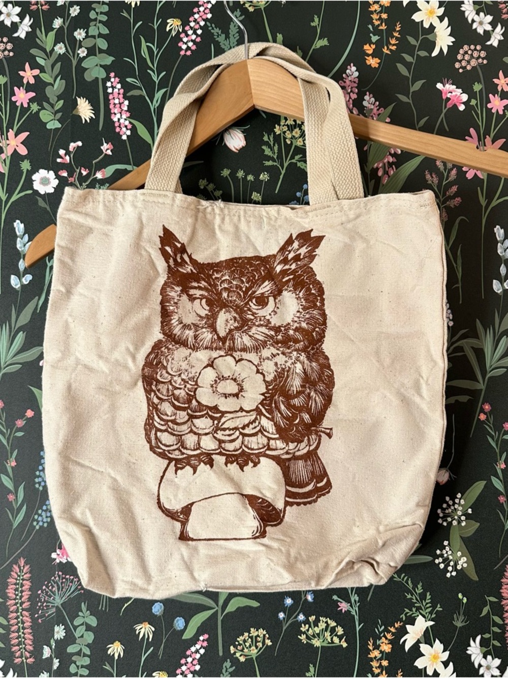 Vintage 70s Genuine Natural Canvas Tote with Brown Owl Illustration